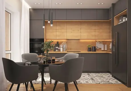 Modernt kök med träpanel och mörkgrå skåpluckor