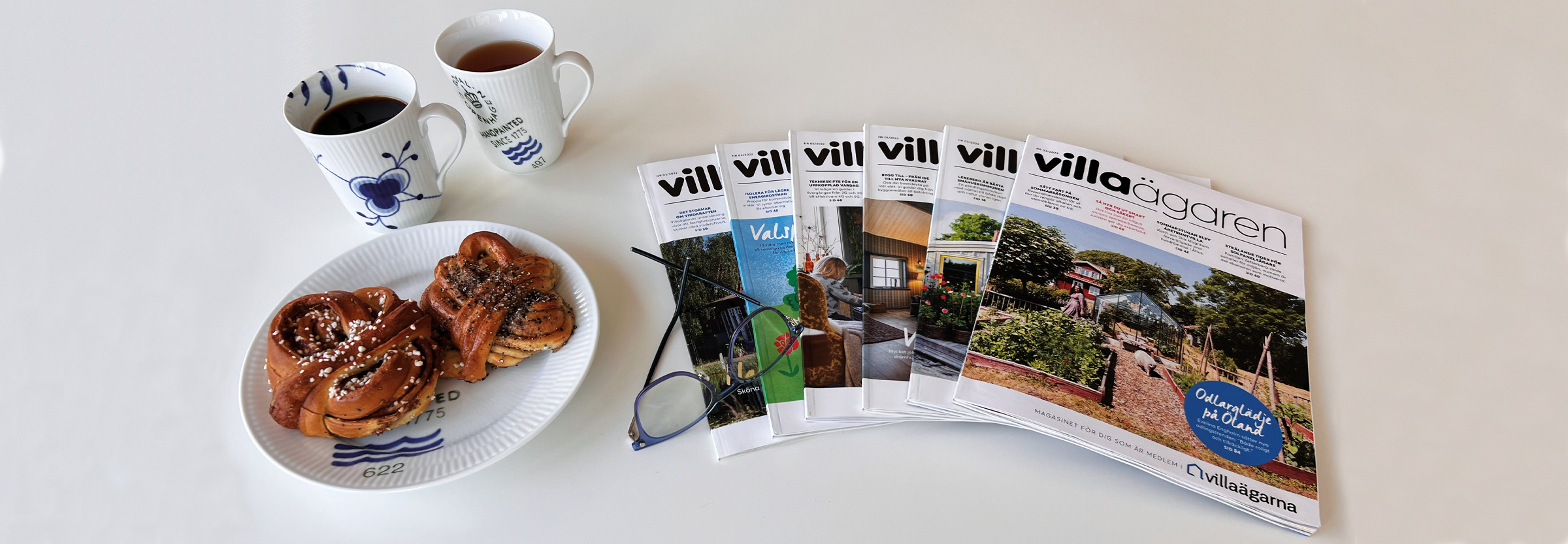 Medlemsmagasinet Villaägaren, kanelbullar och två kaffekoppar