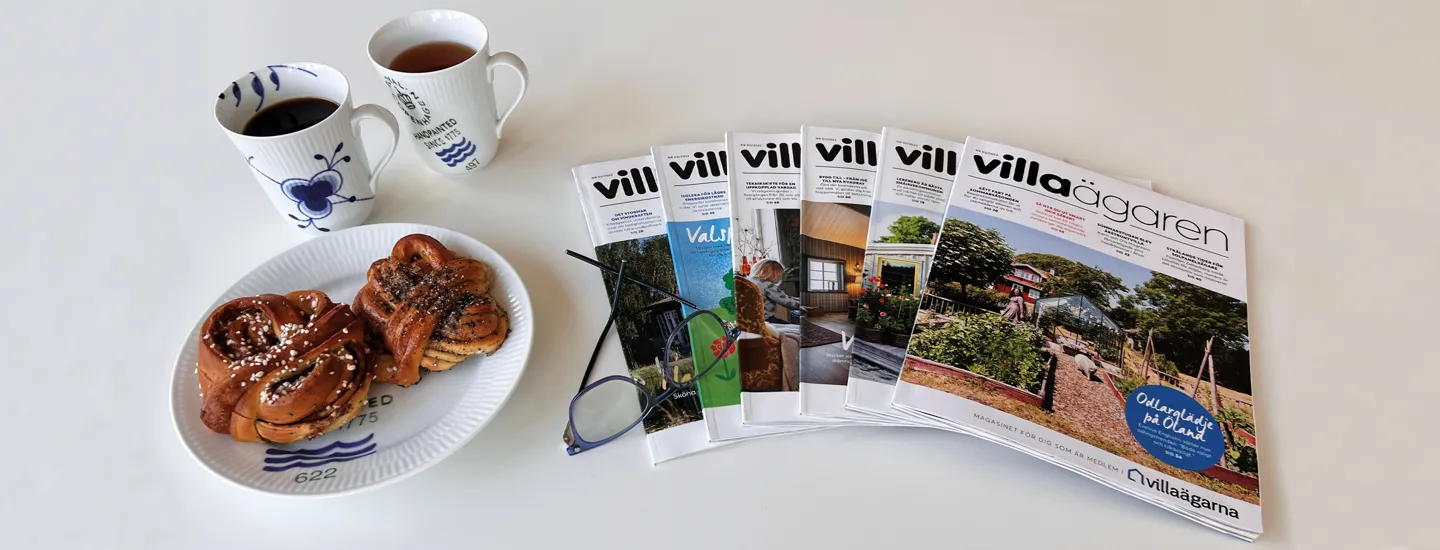 Medlemsmagasinet Villaägaren, kanelbullar och två kaffekoppar