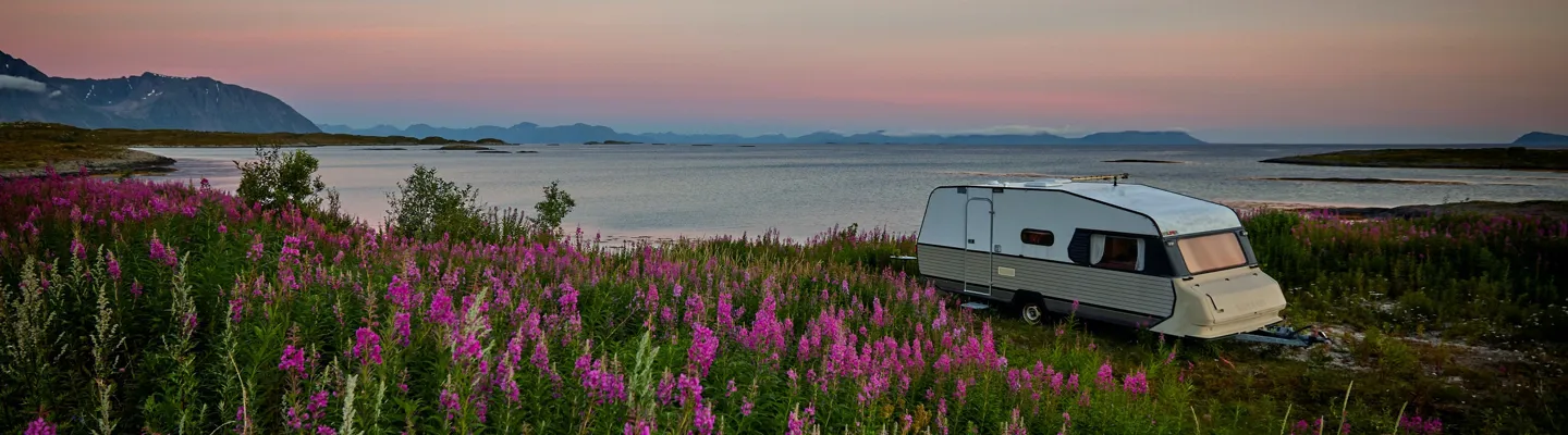 Parkerad husvagn vid fält av blommor och vatten vid kusten
