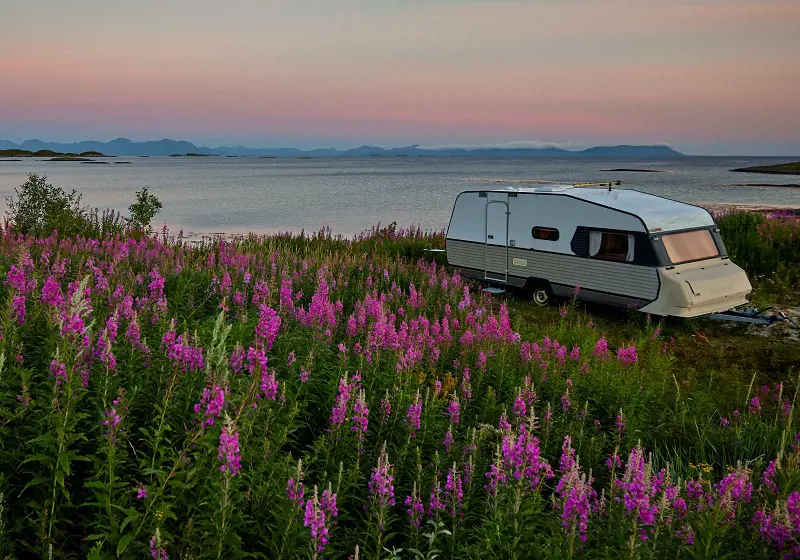 Parkerad husvagn vid fält av blommor och vatten vid kusten