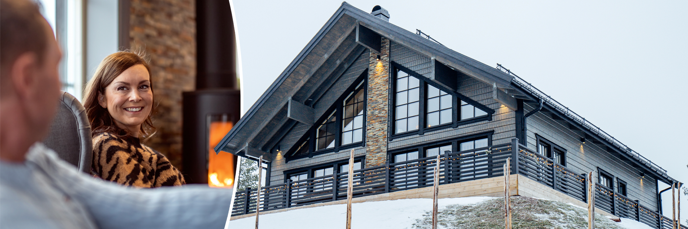 Par skrattar. Fjällhus i vintermiljö. 