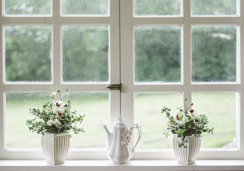 Fönster med spröjs och två blomkrukor