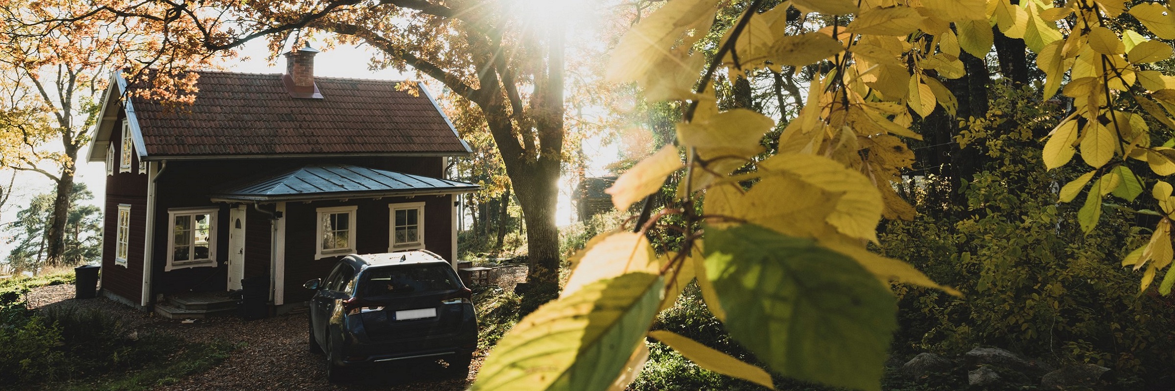 Fritidshus i höstmiljö med bil parkerad