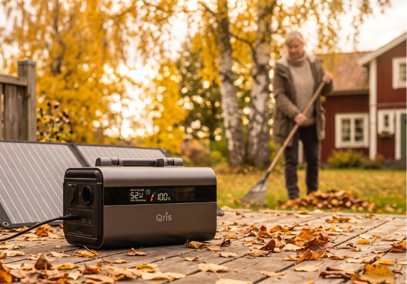 Beredskapsradio på bord framför kvinna som räfsar höstlöv framför rött trähus
