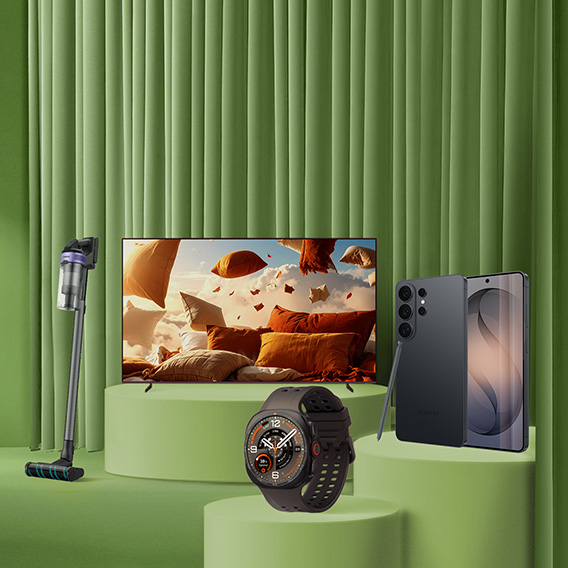 Produkter från Samsung såsom TV, smartwatch, skaftdammsugare, mobil
