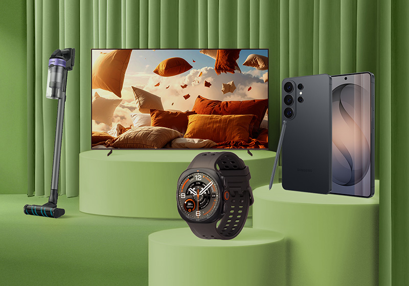 Produkter från Samsung såsom TV, smartwatch, skaftdammsugare, mobil