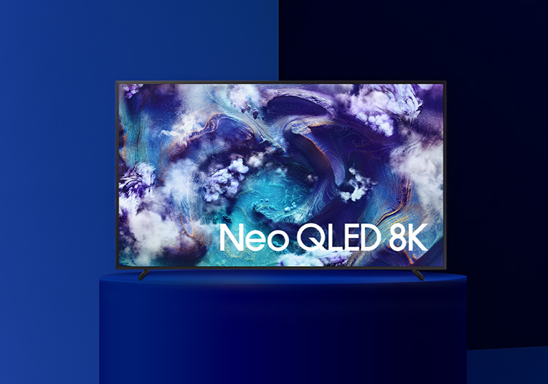 65" TV från Samsung mot blå/svart bakgrund